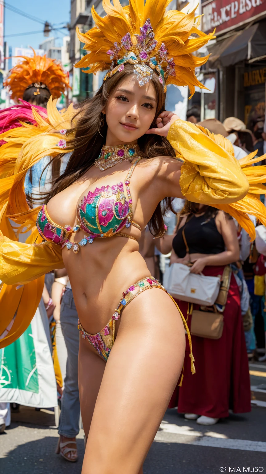 Highly detailed CG Unity 8k wallpaper, of the highest quality, super detailed, masutepiece, Realistic, photos realistic, extremely detailed cute girl, 25 years old, Large breasts , cleavage  , (Samba Carnival Dancer, Samba Carnival Wear:1.2) , Round eyes, viewer , Parted lips,  blush , (Full body shot), Crowd Street  , Dancing , (Bright daylight) , ((ass shot))
