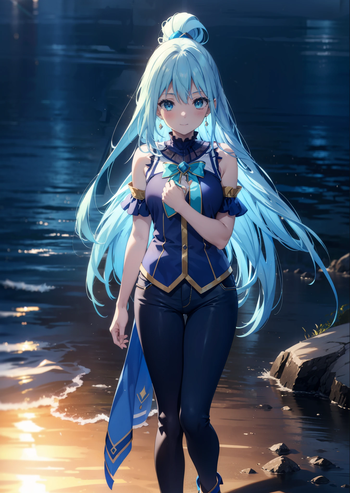 konosubaAqua, Aqua, Long Hair, blue eyes, hair ornaments, very Long Hair, Blue Hair, Hair Ring, シングルHair Ring, Hair ties,smile,blush,Cold Shoulder Shirt,Short sleeve,skinny pants,Stiletto heels,Walking,morning,morning陽,The sun is rising,whole bodyがイラストに入るように,
break outdoor, Residential Street,
break looking at viewer, whole body,
break (masterpiece:1.2), Highest quality, High resolution, unity 8k wallpaper, (figure:0.8), (Beautiful attention to detail:1.6), Highly detailed face, Perfect lighting, Highly detailed CG, (Perfect hands, Perfect Anatomy),