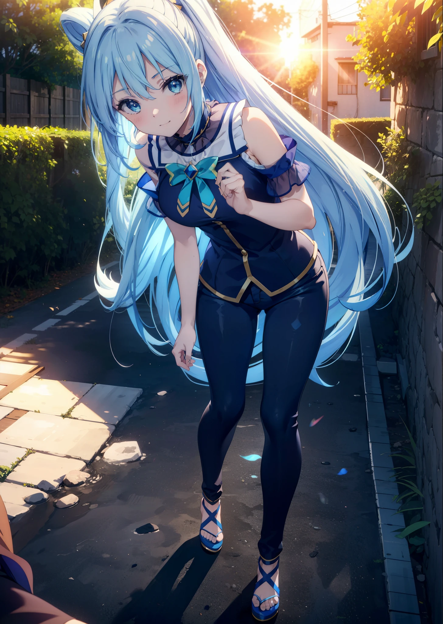 konosubaAqua, Aqua, Long Hair, blue eyes, hair ornaments, very Long Hair, Blue Hair, Hair Ring, シングルHair Ring, Hair ties,smile,blush,Cold Shoulder Shirt,Short sleeve,skinny pants,Stiletto heels,Walking,morning,morning陽,The sun is rising,whole bodyがイラストに入るように,
break outdoor, Residential Street,
break looking at viewer, whole body,
break (masterpiece:1.2), Highest quality, High resolution, unity 8k wallpaper, (figure:0.8), (Beautiful attention to detail:1.6), Highly detailed face, Perfect lighting, Highly detailed CG, (Perfect hands, Perfect ???????),