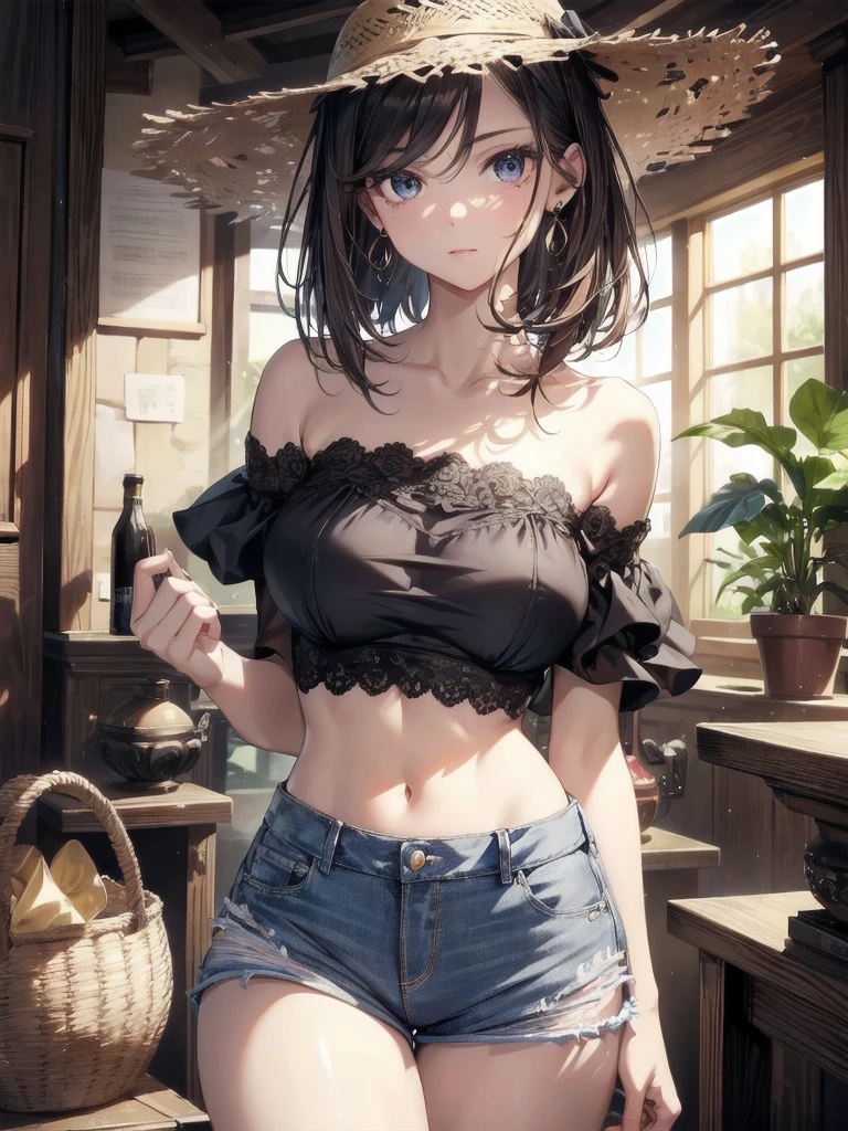 absurdres, RAW photo, extremely delicate and beautiful, masterpiece, Best Quality, ultra high resolution, 32k, hyperrealistic, ultra-detailed, in her 20s, delicate facial features, beautiful detailed girl, tearful mole, earring, medium breasts, full body shot, shorter middle hair, black hair, Joggers Shorts, bare shoulder,