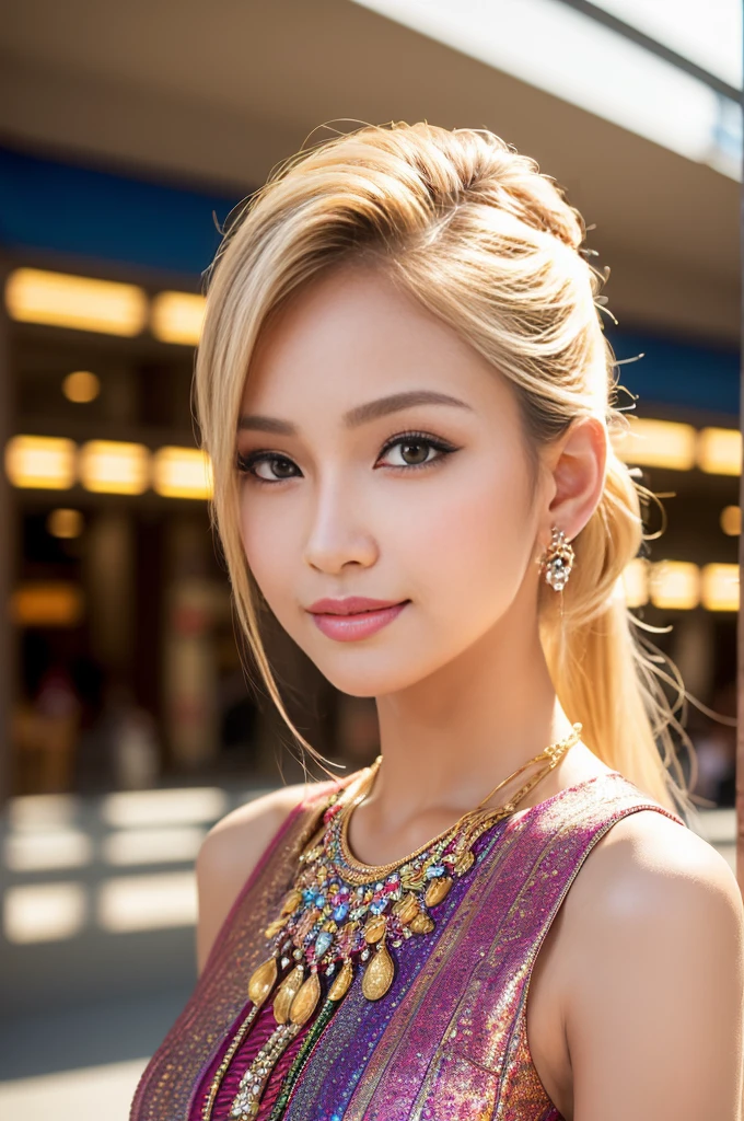 (masterpiece:1.4), (best quality:1.4), ultra high res, ultra high resolution, ((detailed facial features)), HDR, (realistic, photorealistic, photo-realistic:1.37), closeup, sexy seductive Thai woman, (seductive smile), long lashes, beautiful makeup, platinum blonde hair, fair skin, slender figure, elegant posture, wearing large sparkling colorful jewelery, wearing a business style leather dress, standing in a large shopping mall, gentle sunlight shining through the shopping mall windows, casting a soft glow on her face, adding warmth to the scene, vibrant colors, capturing the essence of vibrant city life, portrait style, showcasing her natural beauty and grace in a feminine way