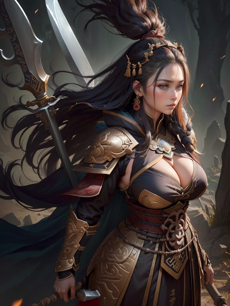 a woman with a large axe and a feathered head, inspired by Hu Zaobin, berserker potrait, guan yu, bian lian, sun wukong, mongol, inspired by Huang Shen, inspired by Li Gonglin, tai warlord, inspired by Wu Bin, wukong, inspired by Li Kan, naranbaatar ganbold, Highly detailed CG unit 8k wallpaper, masterpiece, High resolution, highest quality, highest quality real texture skin, Super Real, Digital Painting, Best image quality, 最High resolution, 8k, ((Highly detailed eyes and face, Beautiful eyes every detail)), 1girl, Full Body Shot, Saggy breasts, Gravity-dependent breasts, long chest, Heavy chest, disproportionate breasts, huge breasts, sagging breasts, gigantic breasts, (erect nipple), Cleavage cut out, (Look away, Gazing into the distance),