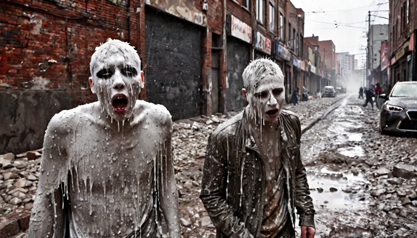 petrified people, with torn, torn clothes, their faces show agony, their bodies covered in white dust, while white poisonous spores fall from the cloudy sky, (terrifying image), (apocalyptic image), in the background an alley of a modern city, wet soil, masterpiece