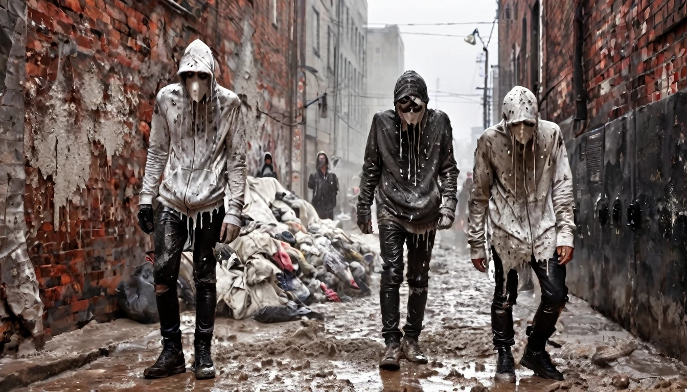 petrified people, with torn, torn clothes, their faces show agony, their bodies covered in white dust, while white poisonous spores fall from the cloudy sky, (terrifying image), (apocalyptic image), in the background an alley of a modern city, wet soil, masterpiece