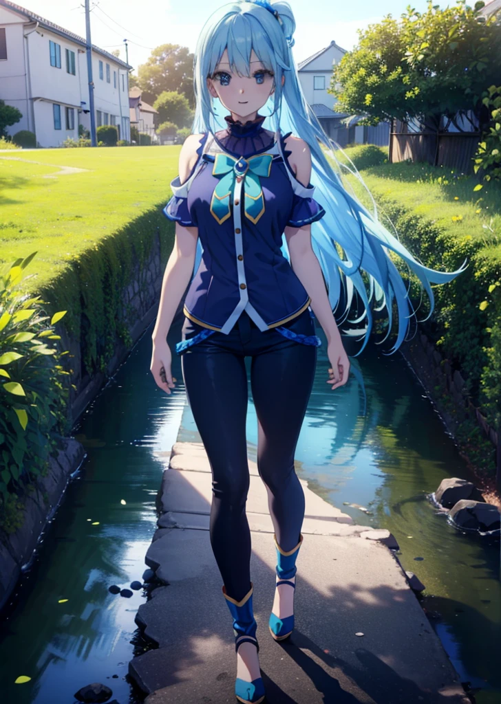 konosubaAqua, Aqua, Long Hair, blue eyes, hair ornaments, very Long Hair, Blue Hair, Hair Ring, シングルHair Ring, Hair ties,smile,blush,Cold Shoulder Shirt,Short sleeve,skinny pants,Stiletto heels,Walking,morning,morning陽,The sun is rising,whole bodyがイラストに入るように,
break outdoor, Residential Street,
break looking at viewer, whole body,
break (masterpiece:1.2), Highest quality, High resolution, unity 8k wallpaper, (figure:0.8), (Beautiful attention to detail:1.6), Highly detailed face, Perfect lighting, Highly detailed CG, (Perfect hands, Perfect Anatomy),