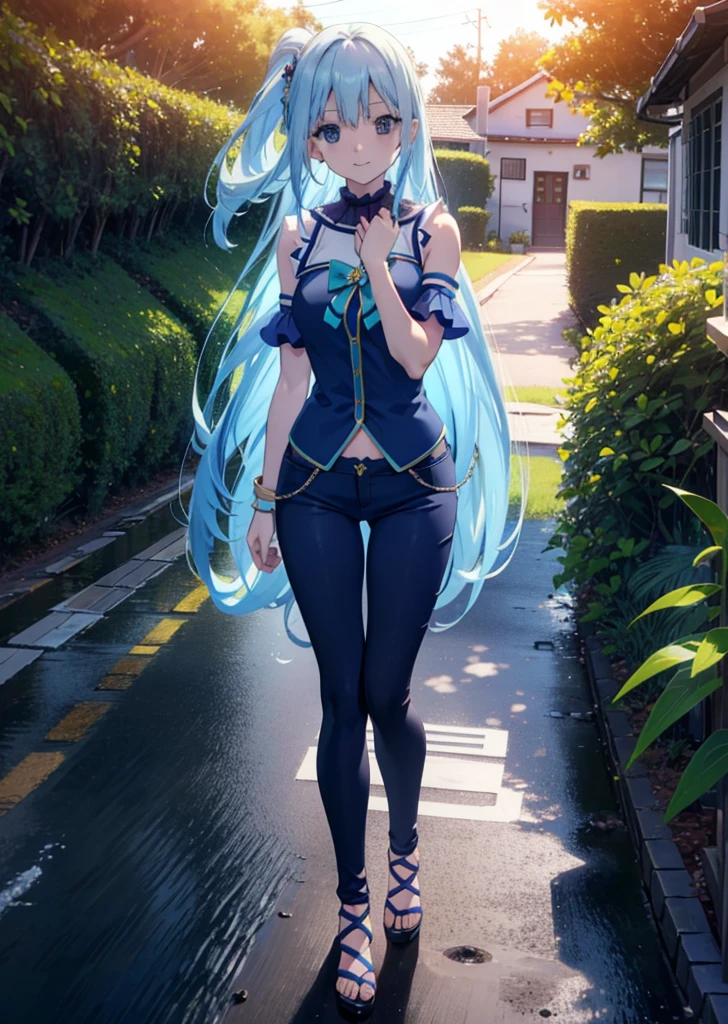 konosubaAqua, Aqua, Long Hair, blue eyes, hair ornaments, very Long Hair, Blue Hair, Hair Ring, シングルHair Ring, Hair ties,smile,blush,Cold Shoulder Shirt,Short sleeve,skinny pants,Stiletto heels,Walking,morning,morning陽,The sun is rising,whole bodyがイラストに入るように,
break outdoor, Residential Street,
break looking at viewer, whole body,
break (masterpiece:1.2), Highest quality, High resolution, unity 8k wallpaper, (figure:0.8), (Beautiful attention to detail:1.6), Highly detailed face, Perfect lighting, Highly detailed CG, (Perfect hands, Perfect Anatomy),