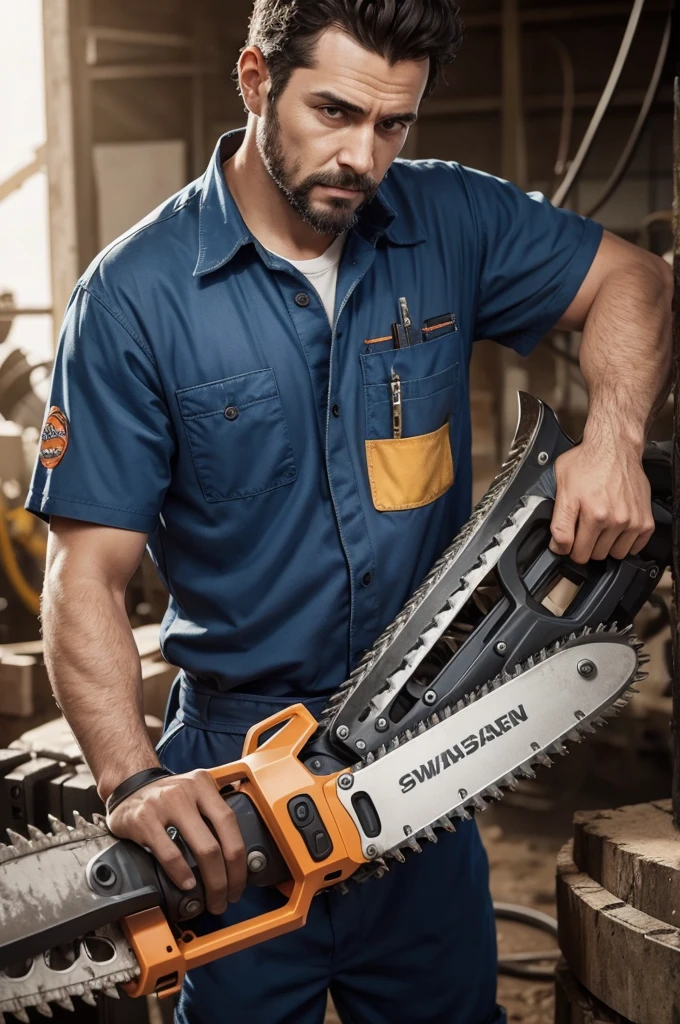 A mechanic holding a chainsaw looking like he is repairing a very realistic drawing