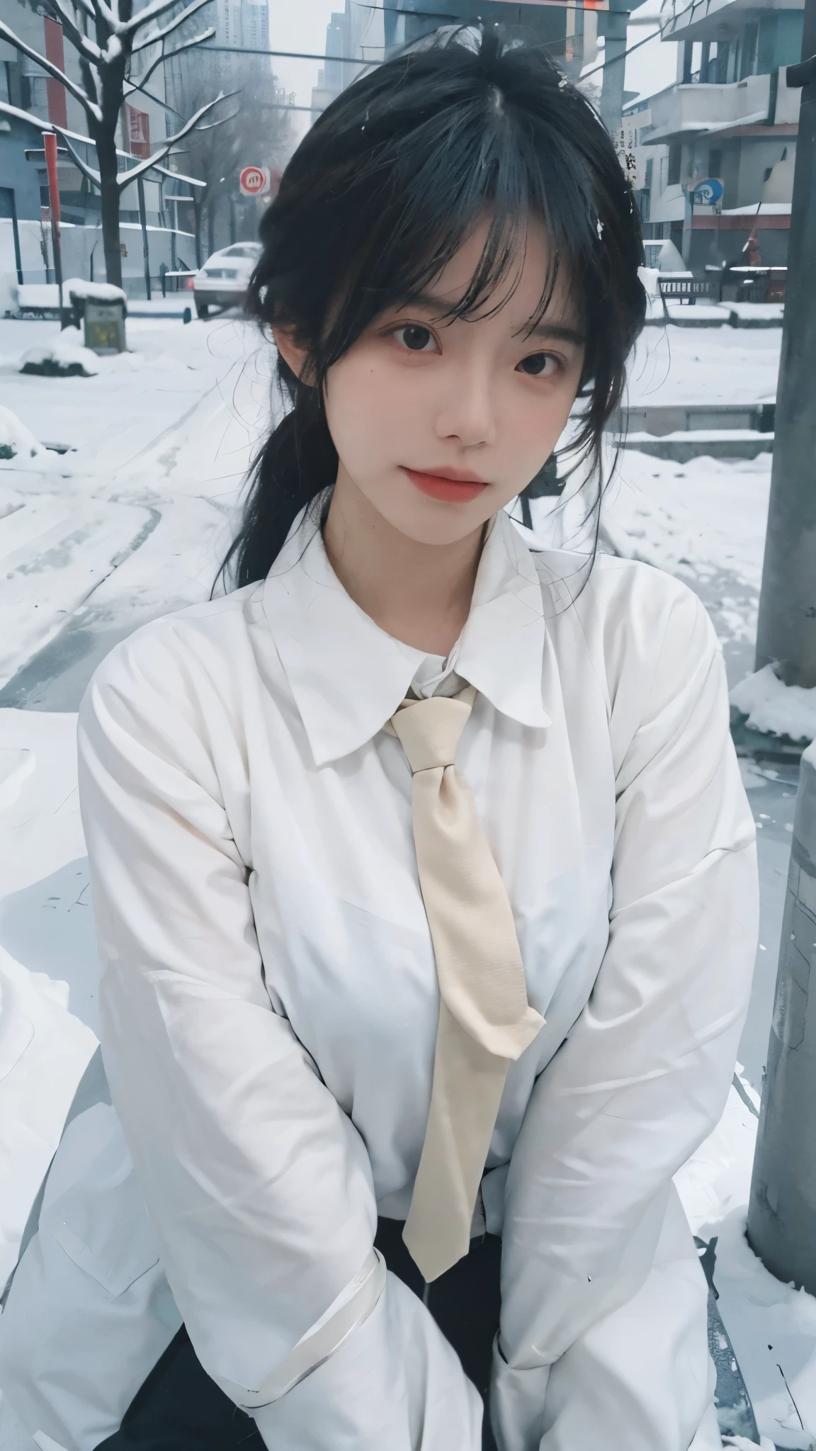 Best quality,masterpiece,Ultra-high resolution,snow,16K,Snow background,(Photo Realism:1.4),1 Girl,JK,Sexy,(Shirt and Tie:1.2),(Big breasts:1.3),(Upper body:1.4)