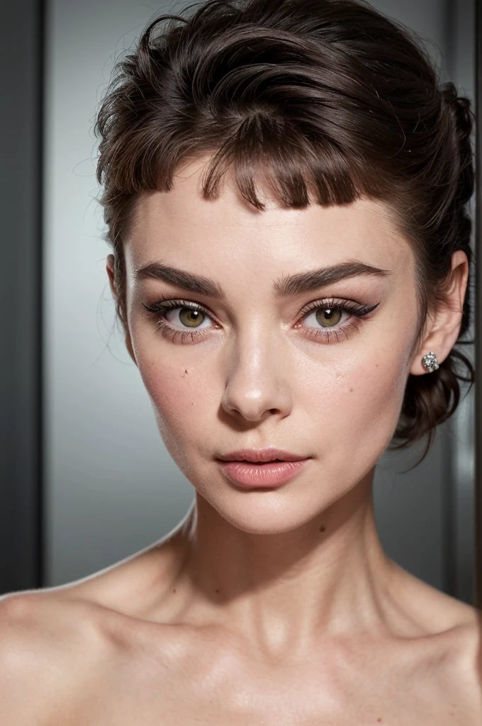 ((best quality, exceptional visual quality)), ((better skin texture, premium material)), ((upper body portrait)), (a hollywood starlet, similar to audrey hepburn, sex symbol darling), the kind of actress who gets all the big roles because of her good looks reminiscent of audrey hepburn, short hair, short blunt bangs, (eye makeup, eyeliner), topless