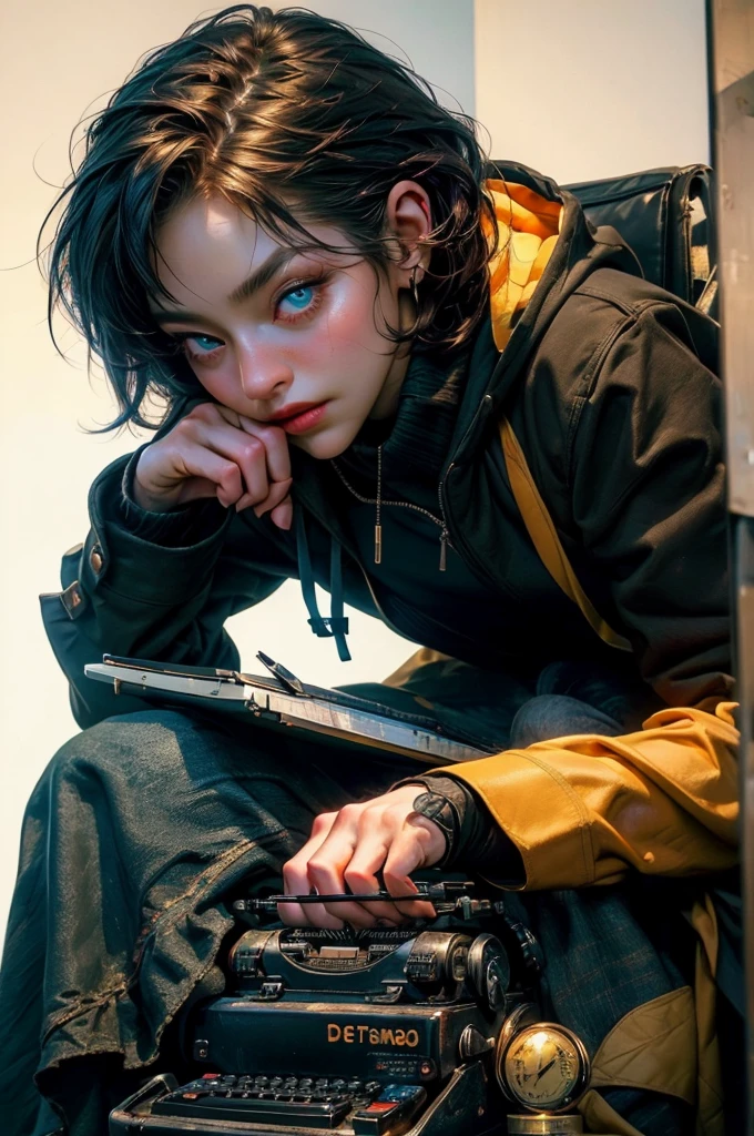 ((best qualityer)), ((Masterpiece artwork)), (detailded), face perfect, ((best qualityer)), ((Masterpiece artwork)), (detailded), face perfect(golden ratio:1,2),(Defective color:1,3),[(White background:1,4)::10], (lesbian full body:1,2),(Ultra-detailded:1,3), （white color background）White background, simple background, create a man in a green and black overcoat and hood of the same color. your face only appears to the eyes and the rest is always hidden in the darkness. He is sitting writing on an old typewriter.