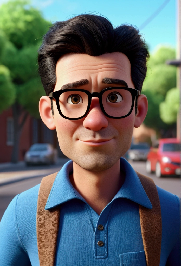 Cartoon character of a man with black glasses and blue shirt, animation character, stylized character, animation style rendering, 3D stylized, Arnold Maya rendering, Render 3D stylized, Toon render keyshot, 3D character, 3D character, Stylized 3D rendering, 3d character rendering, cartoon character, Close-up character, Character pose, (Pixar Style) (master part:1.2) (bokeh) (Best Quality) (detailed skin) (Detailed texture) (8k) (clay) (cinematic lighting) (sharp focus
