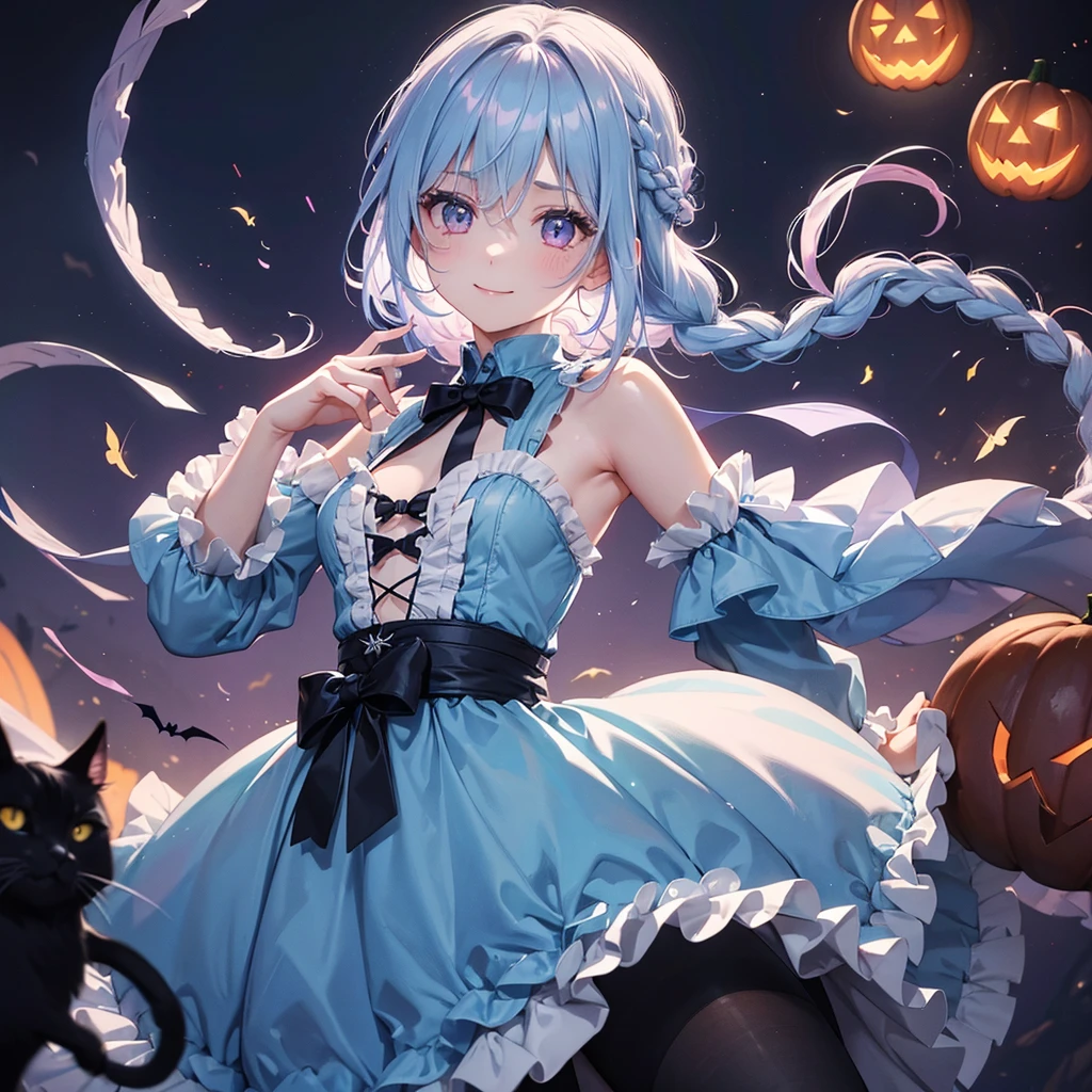 (Light blue medium hair),(Braided hair tied together)、Pink eyes、Fair skin、cowboy shot、Halloween、The background is a pumpkin ghost、Trick or Treat、A lot of sweets、Black cat、Wizard、Candy、Cosplay、A surprising smile、A dignified figure、solo、(masterpiece、Highest quality、Very detailed、Best Shadow)、(Detailed Background)、(Beautifully detailed face)、High contrast、(Best lighting、Very delicate and beautiful)、(Cinematic Light)、colorful、Hyper Detail、Dramatic Light、Exquisite detail、