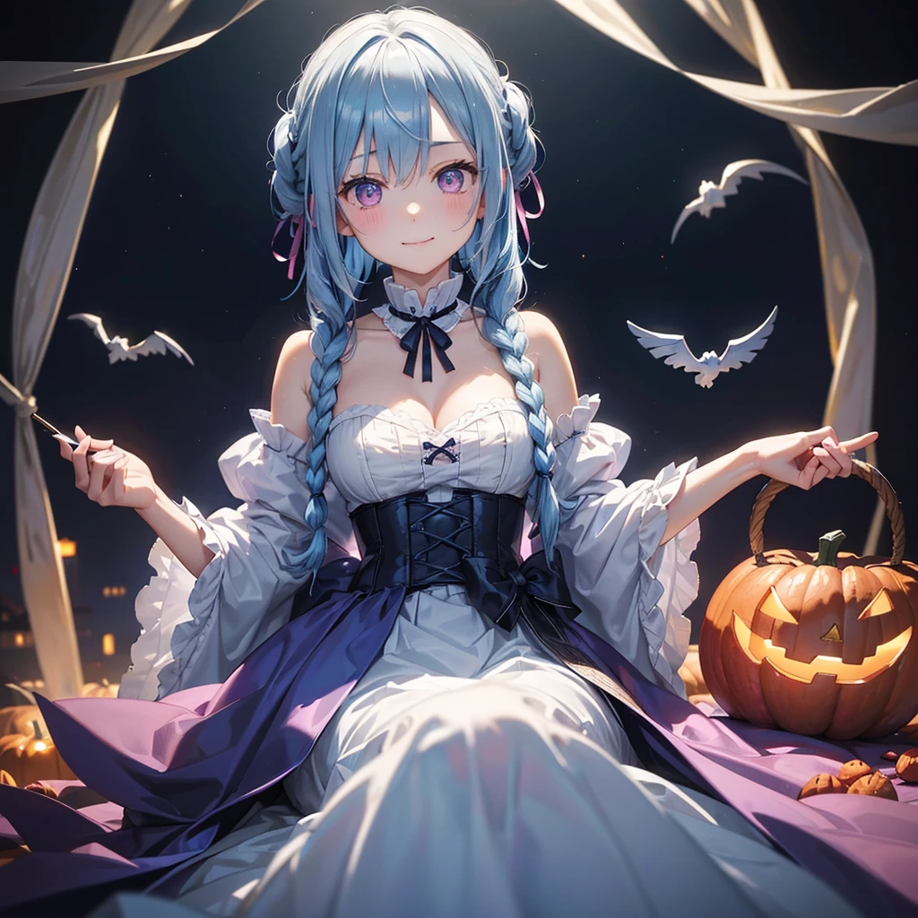 (Light blue medium hair),(Braided hair tied together)、Pink eyes、Fair skin、cowboy shot、Halloween、The background is a pumpkin ghost、Trick or Treat、A lot of sweets、Black cat、Wizard、Candy、Cosplay、A surprising smile、A dignified figure、solo、(masterpiece、Highest quality、Very detailed、Best Shadow)、(Detailed Background)、(Beautifully detailed face)、High contrast、(Best lighting、Very delicate and beautiful)、(Cinematic Light)、colorful、Hyper Detail、Dramatic Light、Exquisite detail、