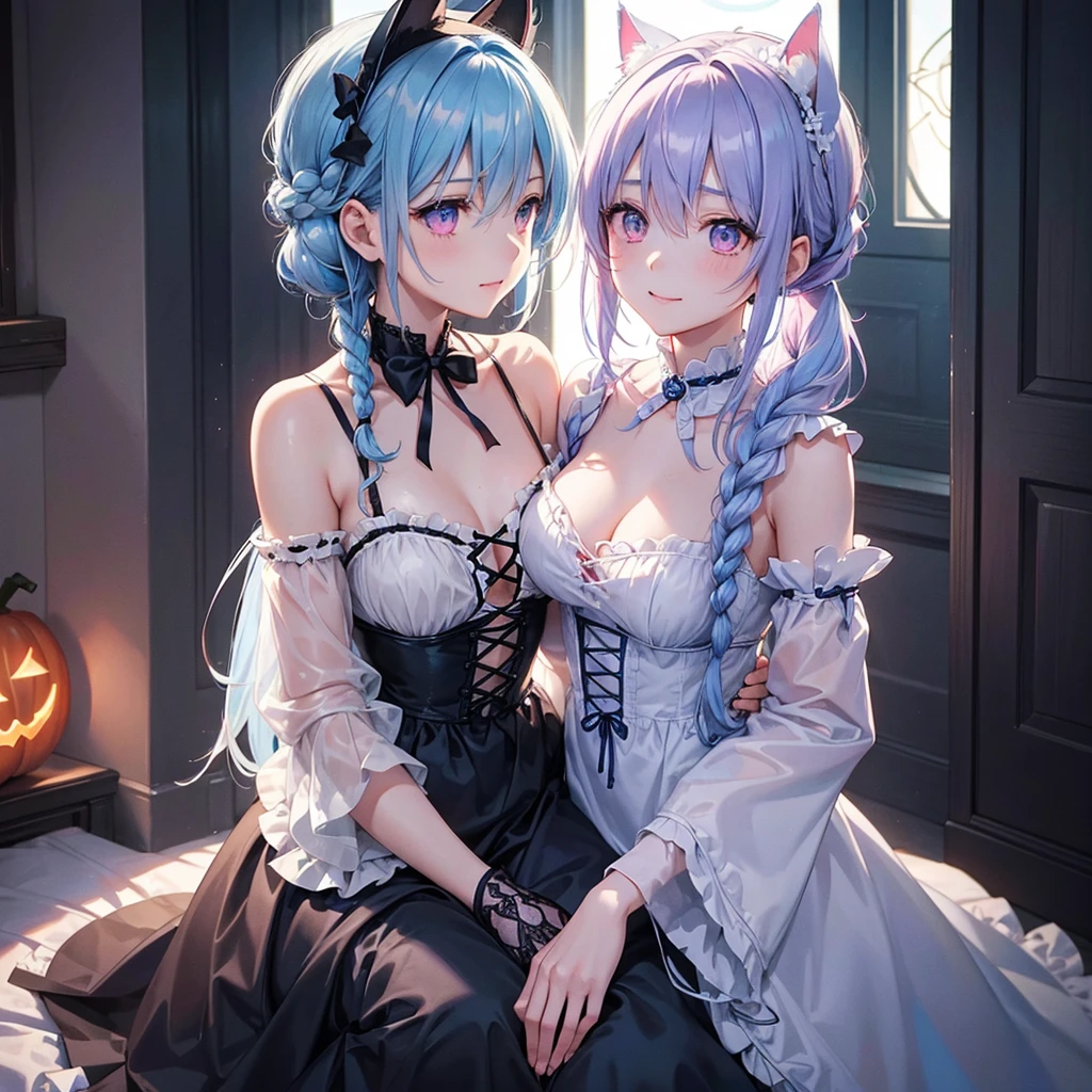 (Light blue medium hair),(Braided hair tied together)、Pink eyes、Fair skin、cowboy shot、Halloween、The background is a pumpkin ghost、Trick or Treat、A lot of sweets、Black cat、Wizard、Candy、Cosplay、A surprising smile、A dignified figure、solo、(masterpiece、Highest quality、Very detailed、Best Shadow)、(Detailed Background)、(Beautifully detailed face)、High contrast、(Best lighting、Very delicate and beautiful)、(Cinematic Light)、colorful、Hyper Detail、Dramatic Light、Exquisite detail、