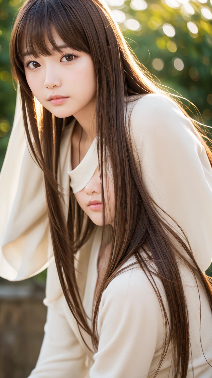 best quality, face focus, soft light, ultra high res, (photorealistic:1.4), RAW photo, 1japanese girl, 独奏, cute, Long Hair, Brown Hair, bangs, Shiny Hair, 分け目のあるbangs, 