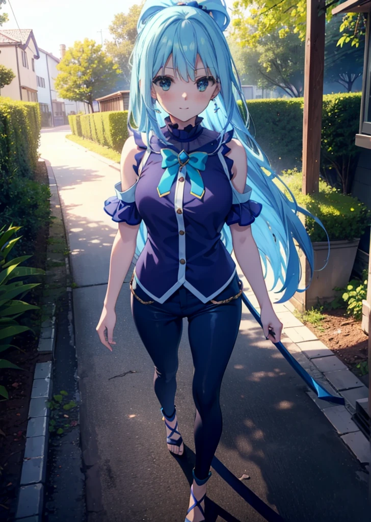 konosubaAqua, Aqua, Long Hair, blue eyes, hair ornaments, very Long Hair, Blue Hair, Hair Ring, シングルHair Ring, Hair ties,smile,blush,Cold Shoulder Shirt,Short sleeve,skinny pants,Stiletto heels,Walking,morning,morning陽,The sun is rising,whole bodyがイラストに入るように,
break outdoor, Residential Street,
break looking at viewer, whole body,
break (masterpiece:1.2), Highest quality, High resolution, unity 8k wallpaper, (figure:0.8), (Beautiful attention to detail:1.6), Highly detailed face, Perfect lighting, Highly detailed CG, (Perfect hands, Perfect Anatomy),