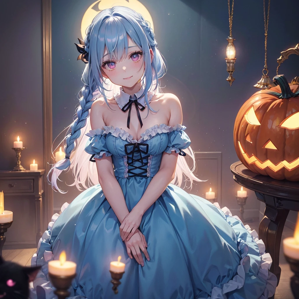 (Light blue medium hair),(Braided hair tied together)、Pink eyes、Fair skin、cowboy shot、Halloween、The background is a pumpkin ghost、Trick or Treat、A lot of sweets、Black cat、Wizard、Candy、Cosplay、A surprising smile、A dignified figure、solo、(masterpiece、Highest quality、Very detailed、Best Shadow)、(Detailed Background)、(Beautifully detailed face)、High contrast、(Best lighting、Very delicate and beautiful)、(Cinematic Light)、colorful、Hyper Detail、Dramatic Light、Exquisite detail、