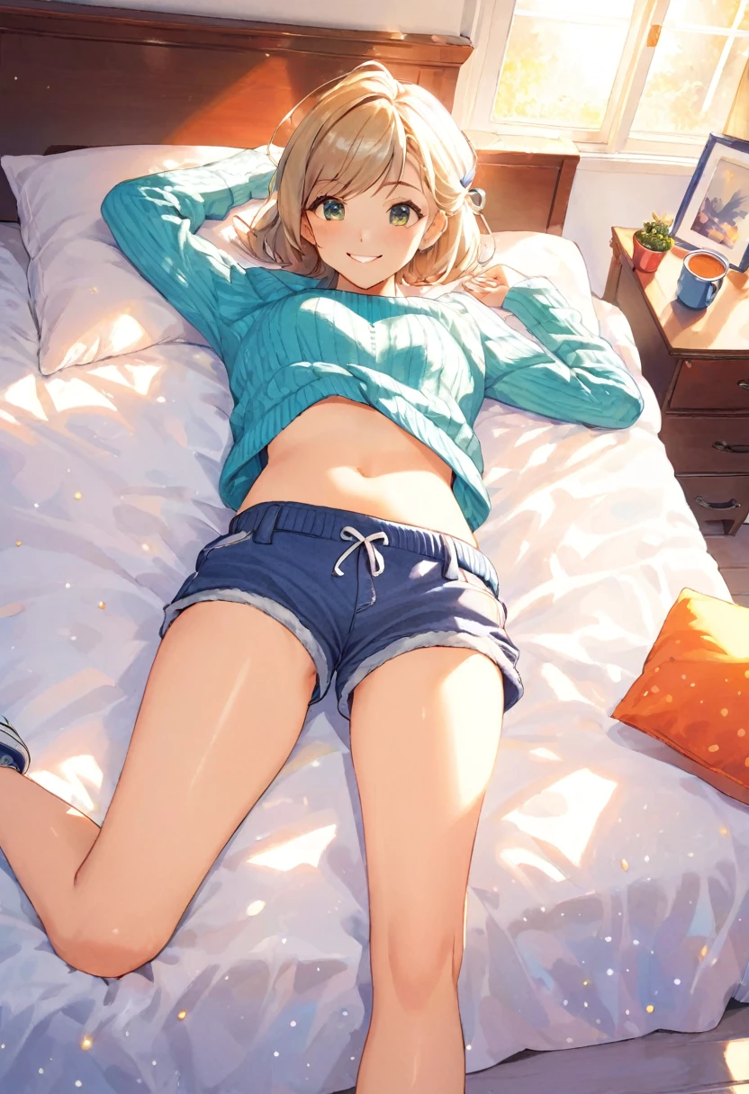 (masterpiece, highest quality), Bedroom, 1 girl, , , ,Anatomically correct body, Small breasts, (sweater), (((Unzipped shorts))), (Open Fly), (Low rise panties), in a colorful Bedroom, Lying in bed, From above, morning, Dazzling sunlight, white, Bright colors, watercolor、smile、Underboob、