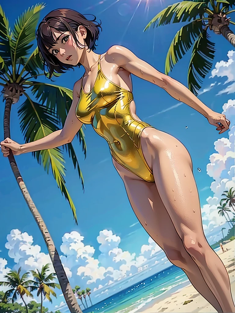 ((highest quality, masterpiece, High resolution)), ((reality)),Photos of beautiful Japanese women,((anime art))、 (((1 girl))), normal size breasts, slim body shape, medium short hair, double eyelid, Wet see-through gold micro one-piece swimsuit,, A pareo with bold ethnic patterns and plenty of primary colors、realistic skin、Wet,whole body,cinematic light、tropical、Against the background of palm trees on both sides、on a sunny beach、With the sea in the background、blur background、Clean abs,