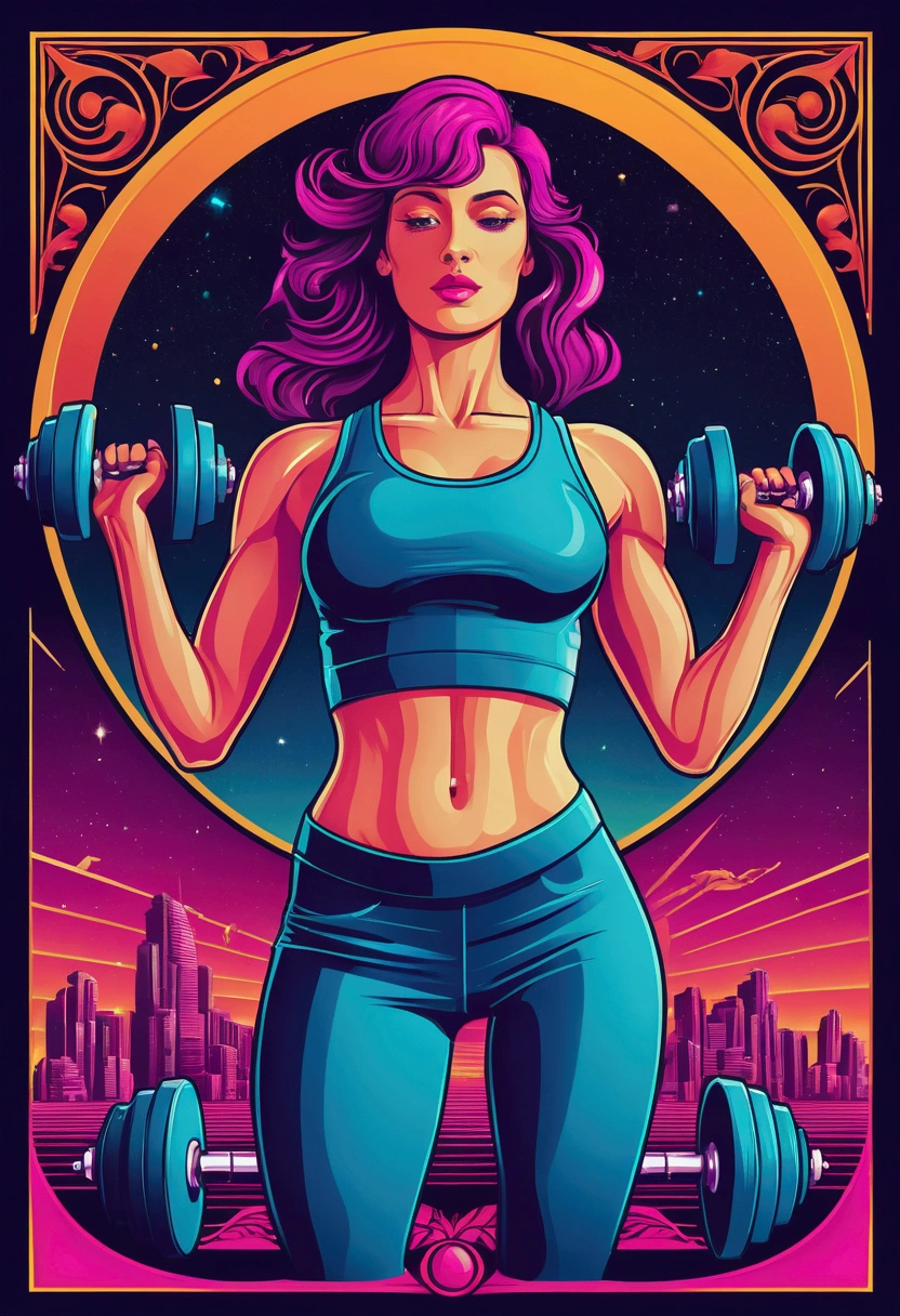 /imagine prompt: Dumbbells, Art Nouveau, vector art, vibrant colors, surrealism, synthwave:: t-shirt vector, center composition graphic design, plain background::2 mockup::-2 --upbeta --ar 1:1