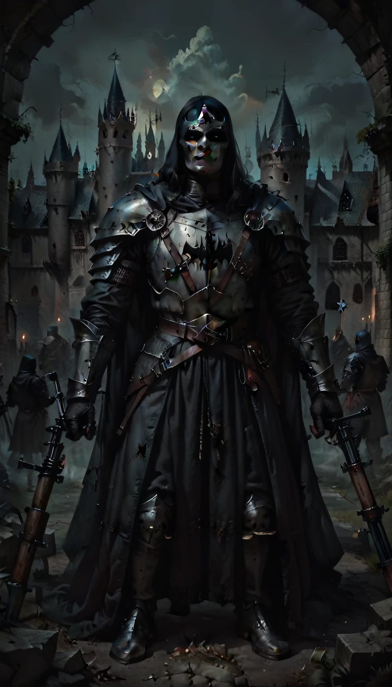 Batman dark knight,medieval knight,crossbow,heavily armored,intricate armor,medieval castle,moody lighting,cinematic,dramatic lighting,dark fantasy,epic,gritty,grungy,chiaroscuro,muted colors,cool tones,dramatic angle,high contrast,atmospheric,cinematic composition,hyper detailed,masterpiece,best quality,4k,8k,highres,ultra-detailed,realistic,photorealistic,photo-realistic