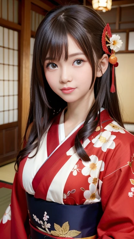 ８hair、Highest quality、woman、length、Red kimono、pattern、Traditional Japanese room、Gorgeous、The chest is not too big、Gorgeous patterned fusuma、Large vase and flowers