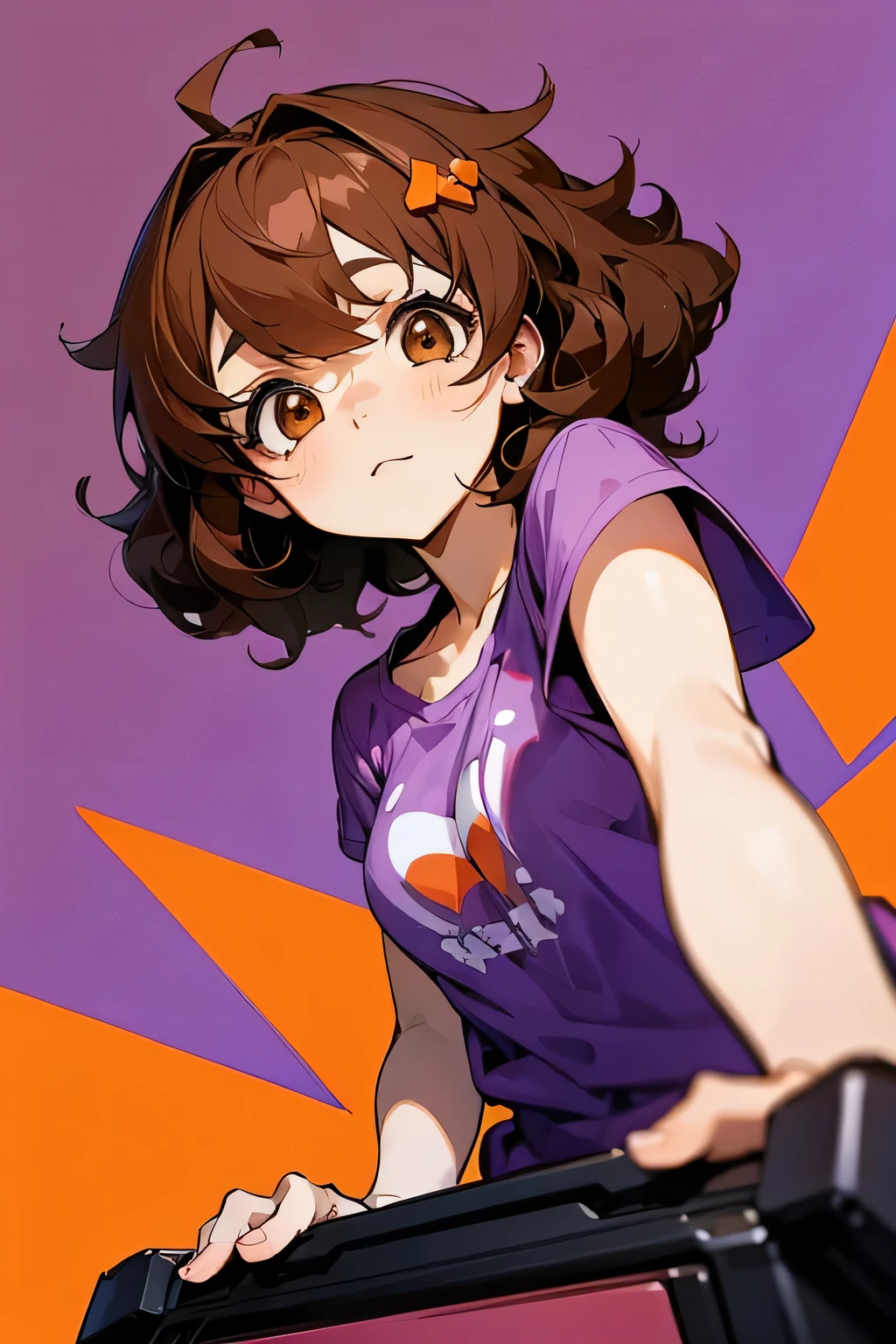 cute anime gamer girl with short curly brown hair and brown eyes in a purple and orange background