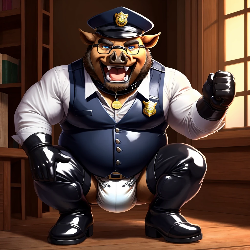 Solo, Male, fat, squatting, extremely obese, gentleman, dapper Boar, pooping in diaper, blue eyes, (soft shading), 4k, hi res, ((detailed face, detailed)), looking at viewer, evil grin, police station, collared shirt with buttons, hat, male focus, Police Uniform, glasses, monocle, vest with buttons, sleeves rolled up, round eyewear, headwear, vest, Boar is wearing a glossy leather dog collar around the neck, Boar is wearing the leather collar and shirt and vest at the same time, Boar is wearing glossy white rubber gloves on the hands, wearing white rubber gloves on the feet, gloves are rubber in texture, mouth wide open, evil laugh, clenching fists, leather collar is glossy and shiny with a lot of detail, Boar is wearing gloves and leather collar at the same time, leather collar has a round dog-tag, leather collar is thick and detailed, white rubber gloves on the feet, Boar is wearing gloves and leather collar at the same time, leather collar has a round dog-tag, leather collar is thick and detailed, leather collar is glossy and shiny, fancy clothing, dapper vest, dapper shirt, leather collar is thick, glossy leather collar, Boar is wearing a dirty diaper