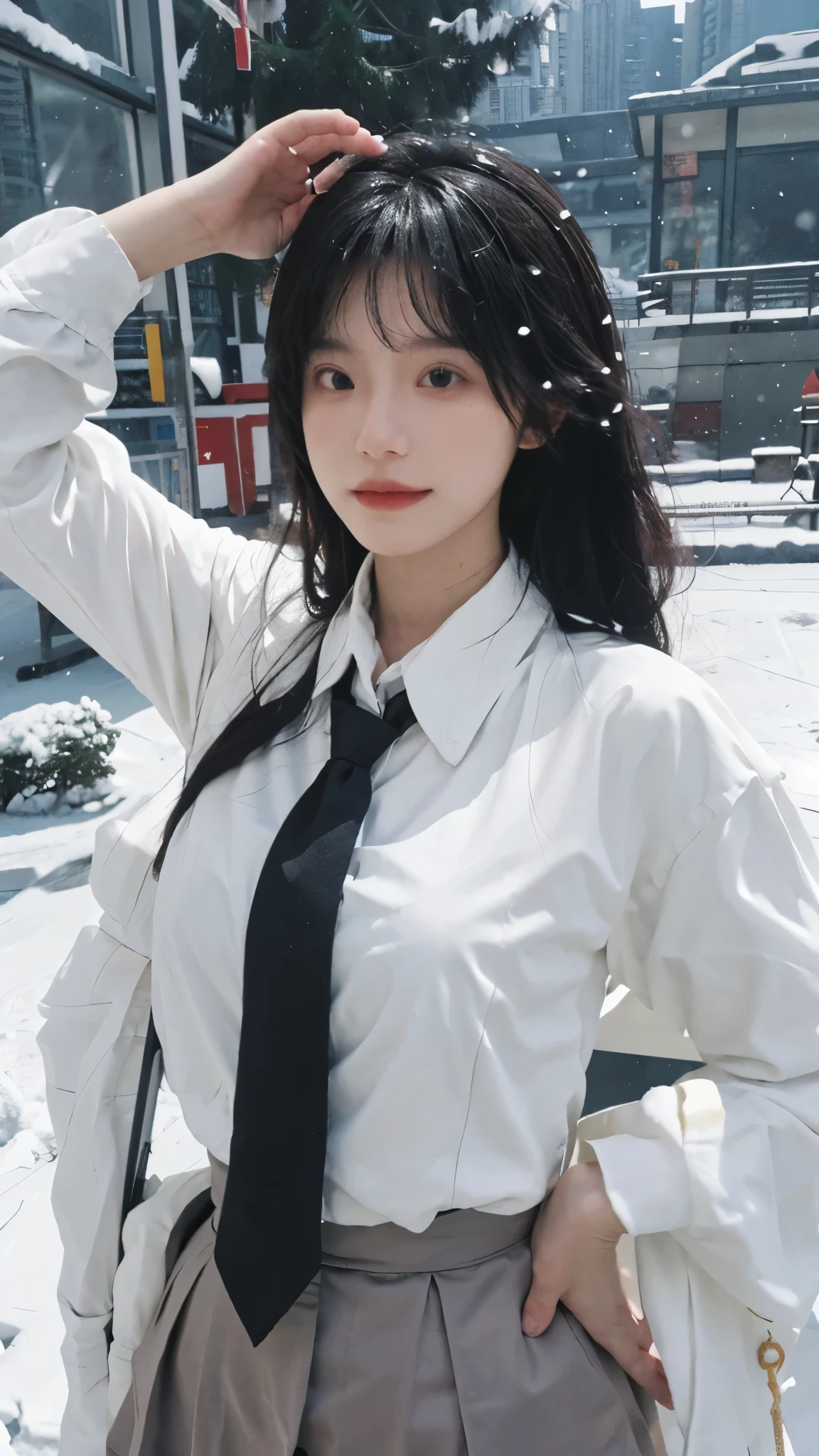 Best quality,masterpiece,Ultra-high resolution,snow,16K,Snow background,(Photo Realism:1.4),1 Girl,JK,Sexy,(Shirt and Tie:1.2),(Big breasts:1.3),(Upper body:1.4)