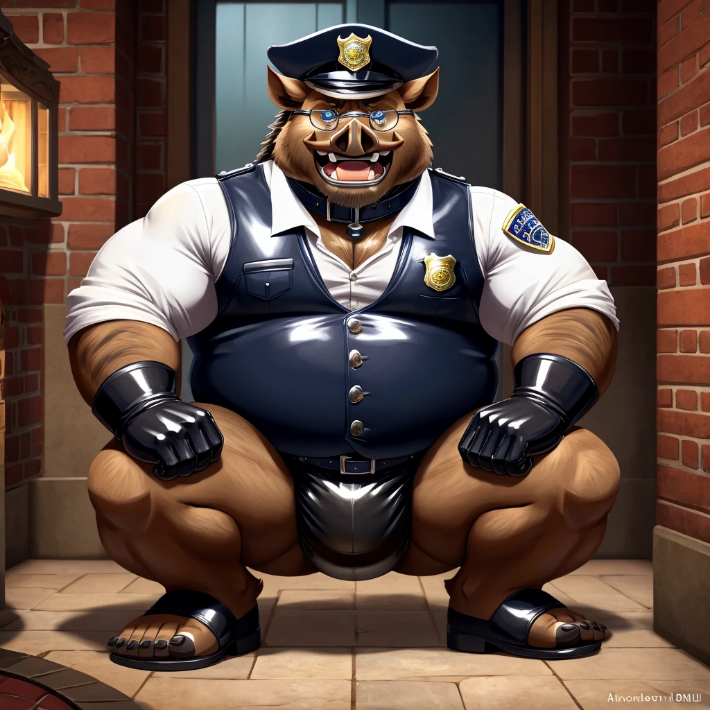 Solo, Male, fat, squatting, extremely obese, gentleman, dapper Boar, pooping in diaper, blue eyes, (soft shading), 4k, hi res, ((detailed face, detailed)), looking at viewer, evil grin, police station, collared shirt with buttons, hat, male focus, Police Uniform, glasses, monocle, vest with buttons, sleeves rolled up, round eyewear, headwear, vest, Boar is wearing a glossy leather dog collar around the neck, Boar is wearing the leather collar and shirt and vest at the same time, Boar is wearing glossy white rubber gloves on the hands, wearing white rubber gloves on the feet, gloves are rubber in texture, mouth wide open, evil laugh, clenching fists, leather collar is glossy and shiny with a lot of detail, Boar is wearing gloves and leather collar at the same time, leather collar has a round dog-tag, leather collar is thick and detailed, white rubber gloves on the feet, Boar is wearing gloves and leather collar at the same time, leather collar has a round dog-tag, leather collar is thick and detailed, leather collar is glossy and shiny, fancy clothing, dapper vest, dapper shirt, leather collar is thick, glossy leather collar, Boar is wearing a dirty diaper