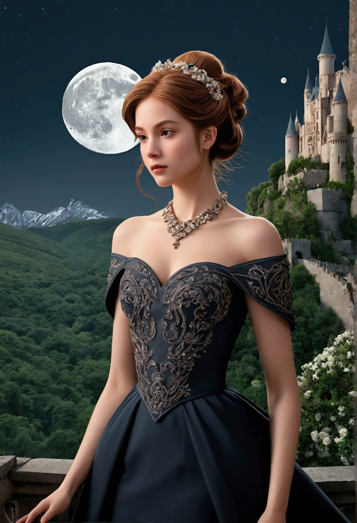 score_9, score_8_up, score_7_up, score_6_up, 1girl, solo, (black_hair:1.5), wavy_hair, jewelry, dress, blue_eyes, earrings, (long_hair:1.5), looking_at_viewer, curly_hair, full_body, lips, lace, white_dress, gold_dress, (night:1.3), cxqz8r, medieval_dress, medieval_landscape, fullmoon, rpg, (uso_da:1.5), narrow_waist, (skinny:1.3), (pale_skin:1.4), (large_breasts:1.2), (severed_arm:1.5) in the hand, blood, blood_on_hands, blood_on_clothes, (holding_limb:1.5)