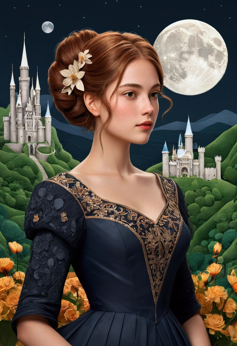 (work of art),(best qualityer), illustration, (fancy:1.4), work, cut-ine detailed digital art, beautiful  face, chestnut hair, hair up, castle, moutain, dark colored long dress, a moon, flowers , paper_cut-in
