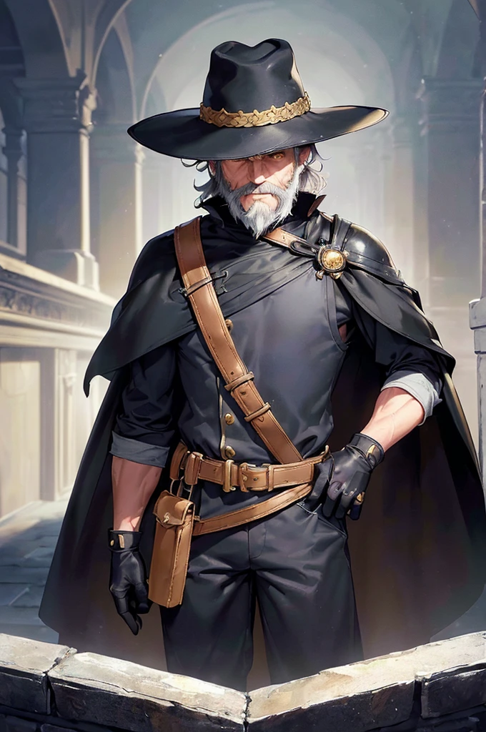 (((masterpiece; best quality: 1.2))), (finely detailed eyes: 1.3), (70 year old man), (solo), (yellow eyes: 1.4), (body; old, fit, masculine: 1.3), (grey hair and beard: 1.3), (beautiful and clear background: 1.2), ((depth of field)), (equipment: wanderer traveler dark attire + long dark tunic + dark pants + dark wide-brimmed hat + dark gloves + dark cape + belt + pouches: 1.3), (anime illustration: 1.2), (background composition; royal garden: 1.1), (extremely fine and beautiful: 1.1), (shot composition; standing + centered on torso + close-up: 1.5), (expression; calm, smile: 1.2)