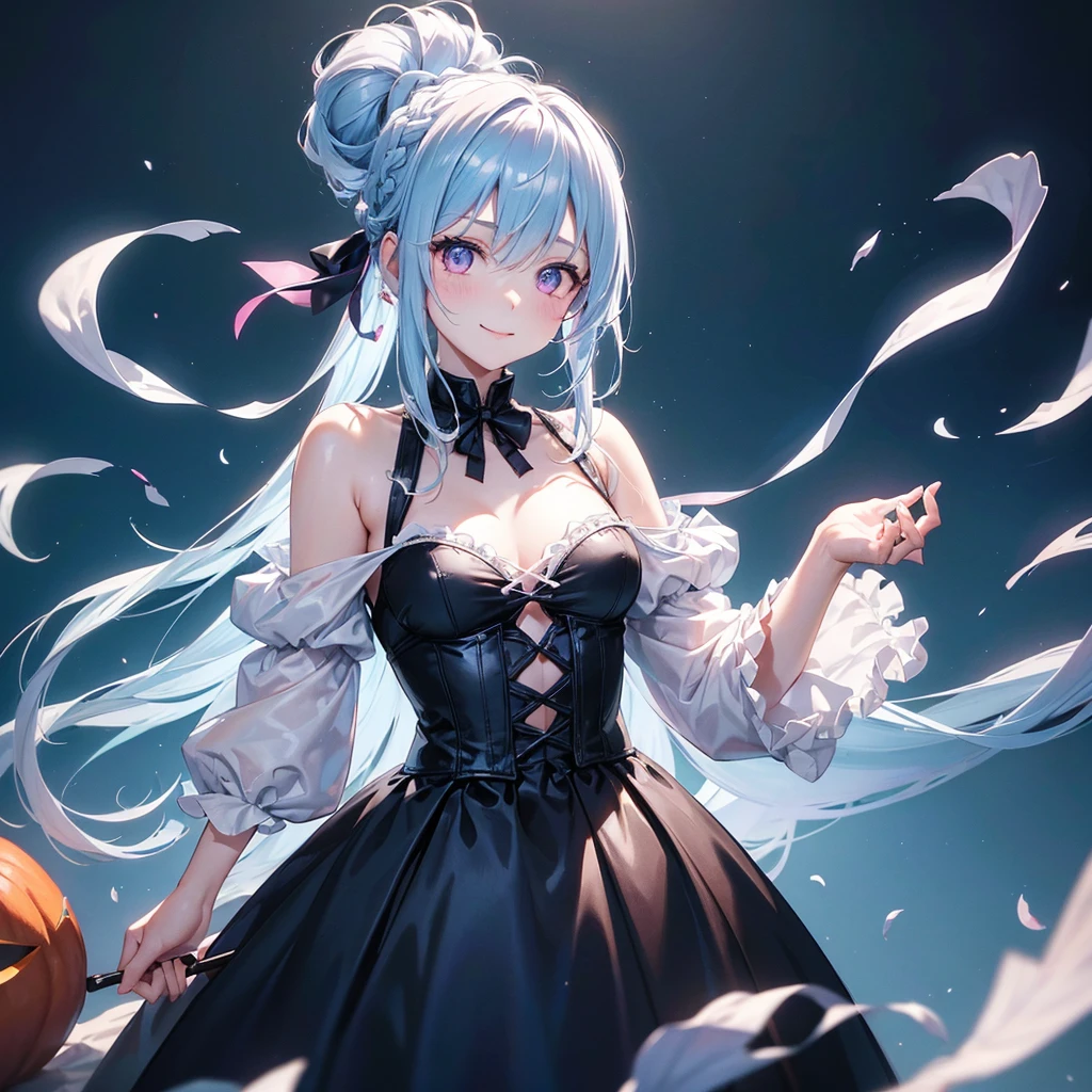 (Light blue medium hair),(Braided hair tied together)、Pink eyes、Fair skin、cowboy shot、Halloween、The background is a pumpkin ghost、Trick or Treat、A lot of sweets、Black cat、Wizard、Candy、Cosplay、A surprising smile、A dignified figure、solo、(masterpiece、Highest quality、Very detailed、Best Shadow)、(Detailed Background)、(Beautifully detailed face)、High contrast、(Best lighting、Very delicate and beautiful)、(Cinematic Light)、colorful、Hyper Detail、Dramatic Light、Exquisite detail、