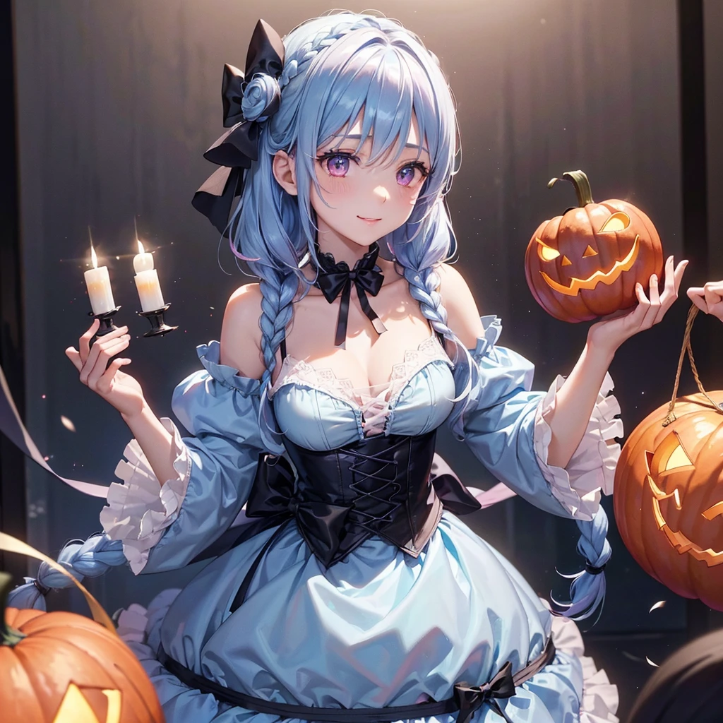 (Light blue medium hair),(Braided hair tied together)、Pink eyes、Fair skin、cowboy shot、Halloween、The background is a pumpkin ghost、Trick or Treat、A lot of sweets、Black cat、Wizard、Candy、Cosplay、A surprising smile、A dignified figure、solo、(masterpiece、Highest quality、Very detailed、Best Shadow)、(Detailed Background)、(Beautifully detailed face)、High contrast、(Best lighting、Very delicate and beautiful)、(Cinematic Light)、colorful、Hyper Detail、Dramatic Light、Exquisite detail、