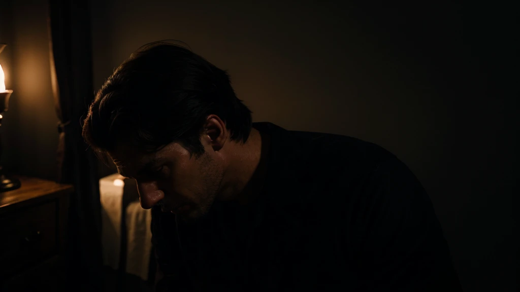 a man possessed by a demon in a dark, dimly lit room, with fear and a clear, ultra-high quality image.