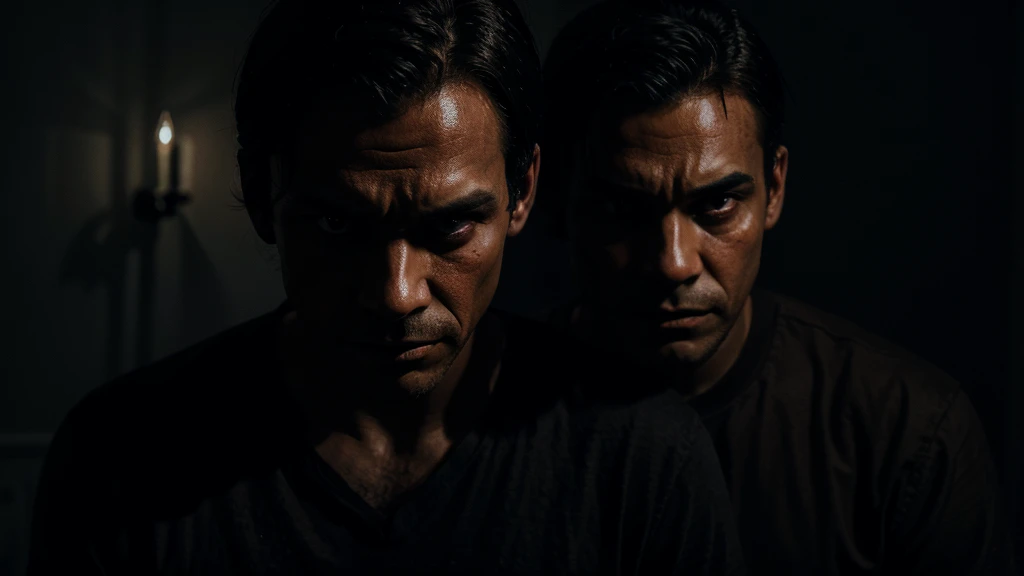 a man possessed by a demon in a dark, dimly lit room, with fear and a clear, ultra-high quality image.