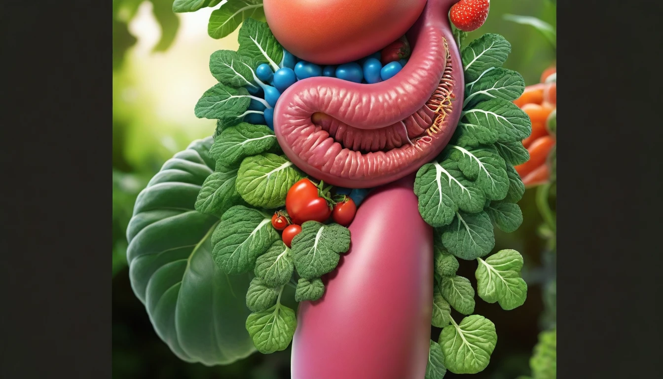 Human digestive system represented as an internal garden. Healthy foods enter at the top, transforming into nutrients that feed the "plants" in the garden. Surrealist style with vivid colors and botanical details, high definition, realistic style, cinematic style, soft colors. Photorealism style, high resolution, 8k