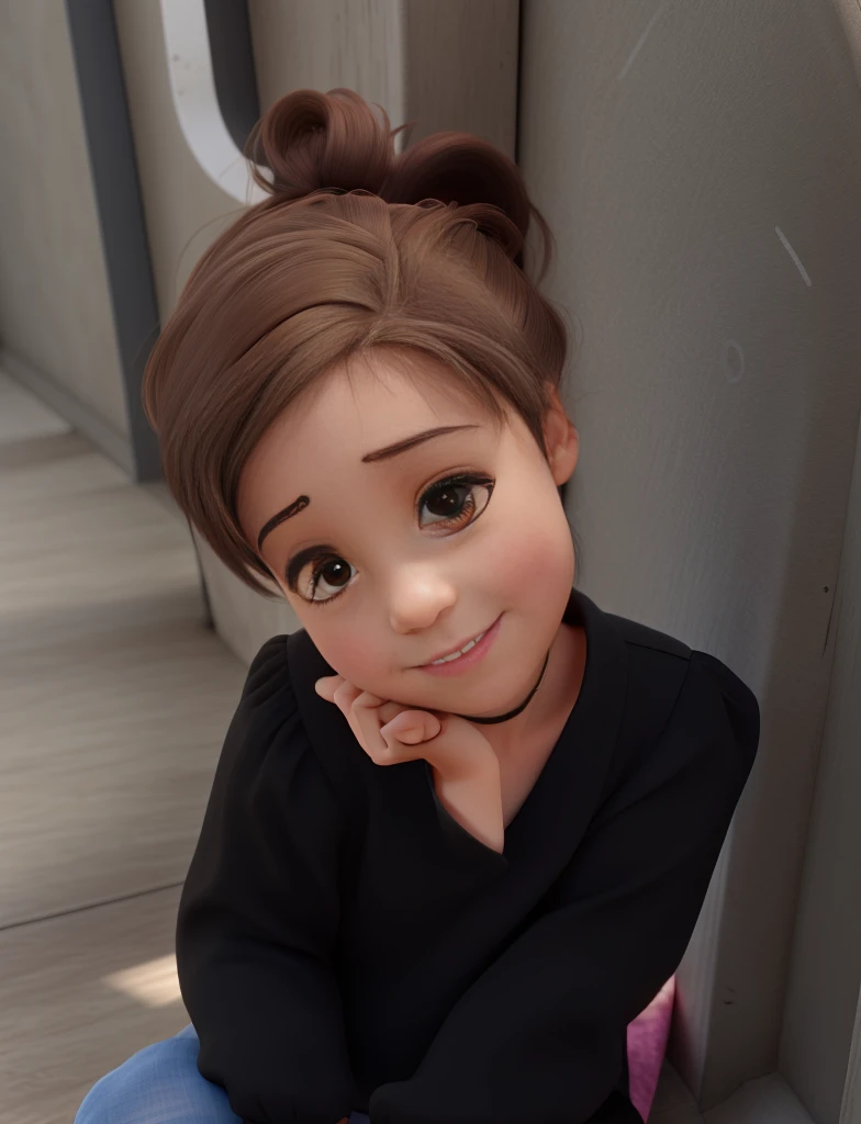 4 years old, brown eye color, dark brown hair color, wearing a black blouse.