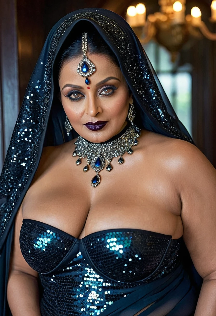 Looks like Aishwarya Rai, Big chubby aunty, milf, cougar lady witch, horny Gothic milf,  70 years old gorgeous mature lady, pervert demoness, demoness of lust, curvy, black lips, horny face, extremely gorgeous, thick figure, heavy physique, voluptuous, curvy, sexy figure, Fashionable portrait of androgynous alien looking witch wearing veil, glowing eyes, futuristic design, minimal details, givenchy, photoreal, 200mm, hd, f/ 2.0, highly detailed, surreal, sexy beautiful evil woman, sexy bold sequin Saree with strapless Bra, chudail, Pishachini, horror genre, blood-thirsty enchantress, powerful female spirit, eerie, drop dead, in the style of red and blue, (intricate details, hyperdetailed:1.15) (skin texture:1.2), dark Moody tone, cinematic lighting, haunted place in background, 