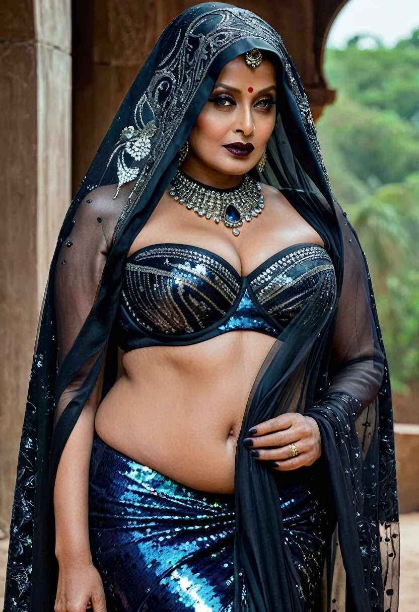 Looks like Aishwarya Rai, Big chubby aunty, milf, cougar lady witch, horny Gothic milf,  70 years old gorgeous mature lady, pervert demoness, demoness of lust, curvy, black lips, horny face, extremely gorgeous, thick figure, heavy physique, voluptuous, curvy, sexy figure, Fashionable portrait of androgynous alien looking witch wearing veil, glowing eyes, futuristic design, minimal details, givenchy, photoreal, 200mm, hd, f/ 2.0, highly detailed, surreal, sexy beautiful evil woman, sexy bold sequin Saree with strapless Bra, chudail, Pishachini, horror genre, blood-thirsty enchantress, powerful female spirit, eerie, drop dead, in the style of red and blue, (intricate details, hyperdetailed:1.15) (skin texture:1.2), dark Moody tone, cinematic lighting, haunted place in background, 