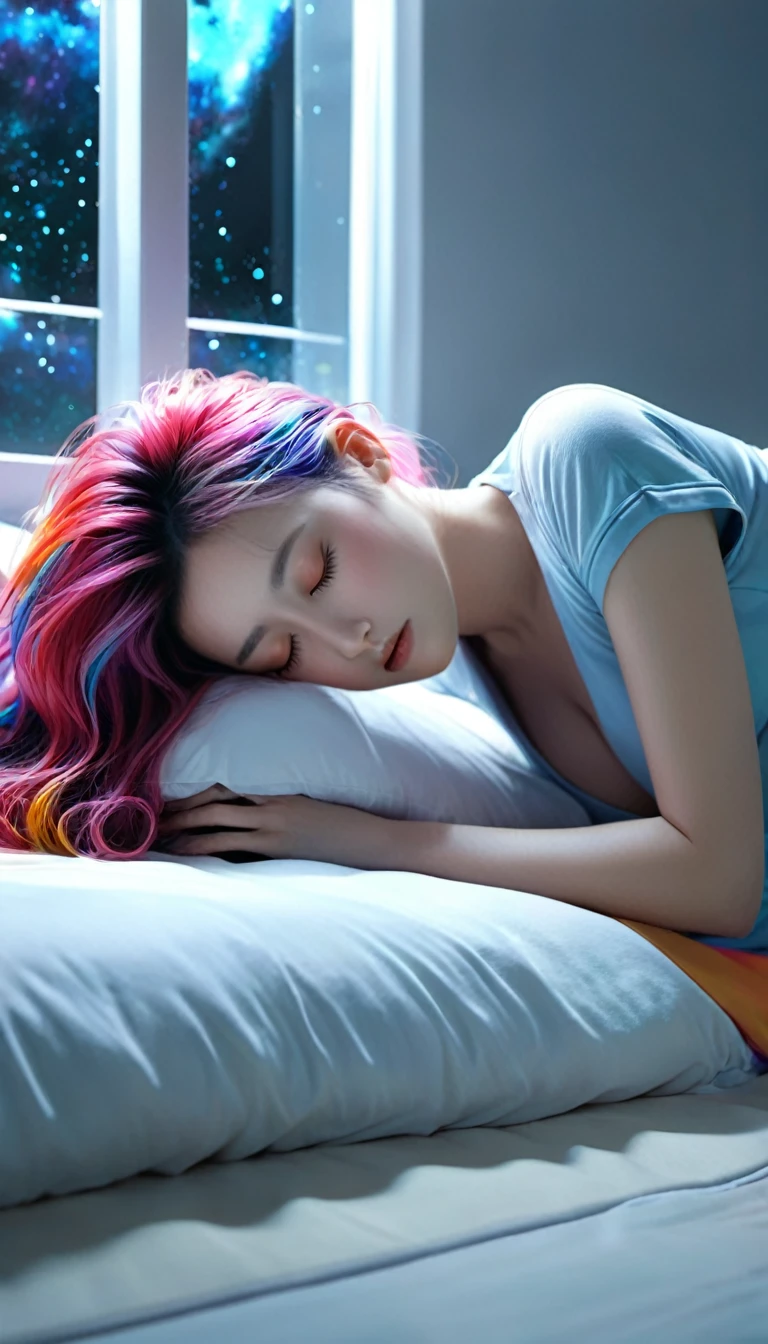 (Highest quality,8k,Very detailed:1.2),(CG,CG Art,3D Rendering),(masterpiece:1.2),(Crawling on the table),(Sexy Outfits),(Light,Futuristic),(Woman lying in bed,sleep,close your eyes),(There is a large window behind her,quiet night),(Colorful Hair:1.5)