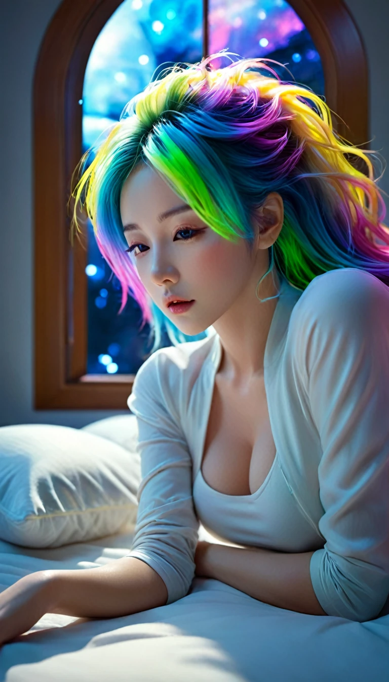 (Highest quality,8k,Very detailed:1.2),(CG,CG Art,3D Rendering),(masterpiece:1.2),(Crawling on the table),(Sexy Outfits),(Light,Futuristic),(Woman lying in bed,sleep,close your eyes),(There is a large window behind her,quiet night),(Colorful Hair:1.5)