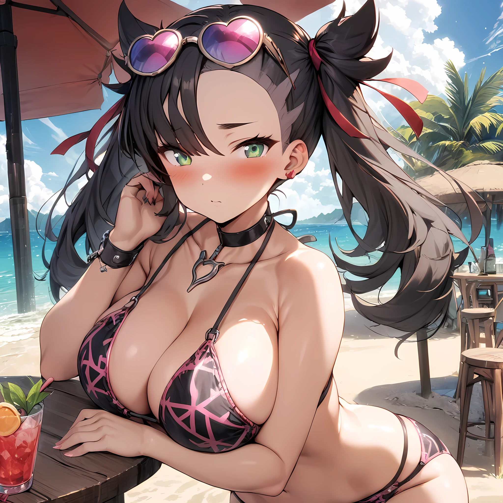 (masterpiece), best quality, expressive eyes, perfect face,1girl,gravure idol,big breasts,pink and black patterned string bikini,pink heart-shaped sunglases on head,strap gap,beach,beach bar,blush,cowboy shot,looking at viewer 
, red ribbon, asymmetrical bangs, twintails, green eyes, hair ribbon, black hair, marnie, heart pendant 