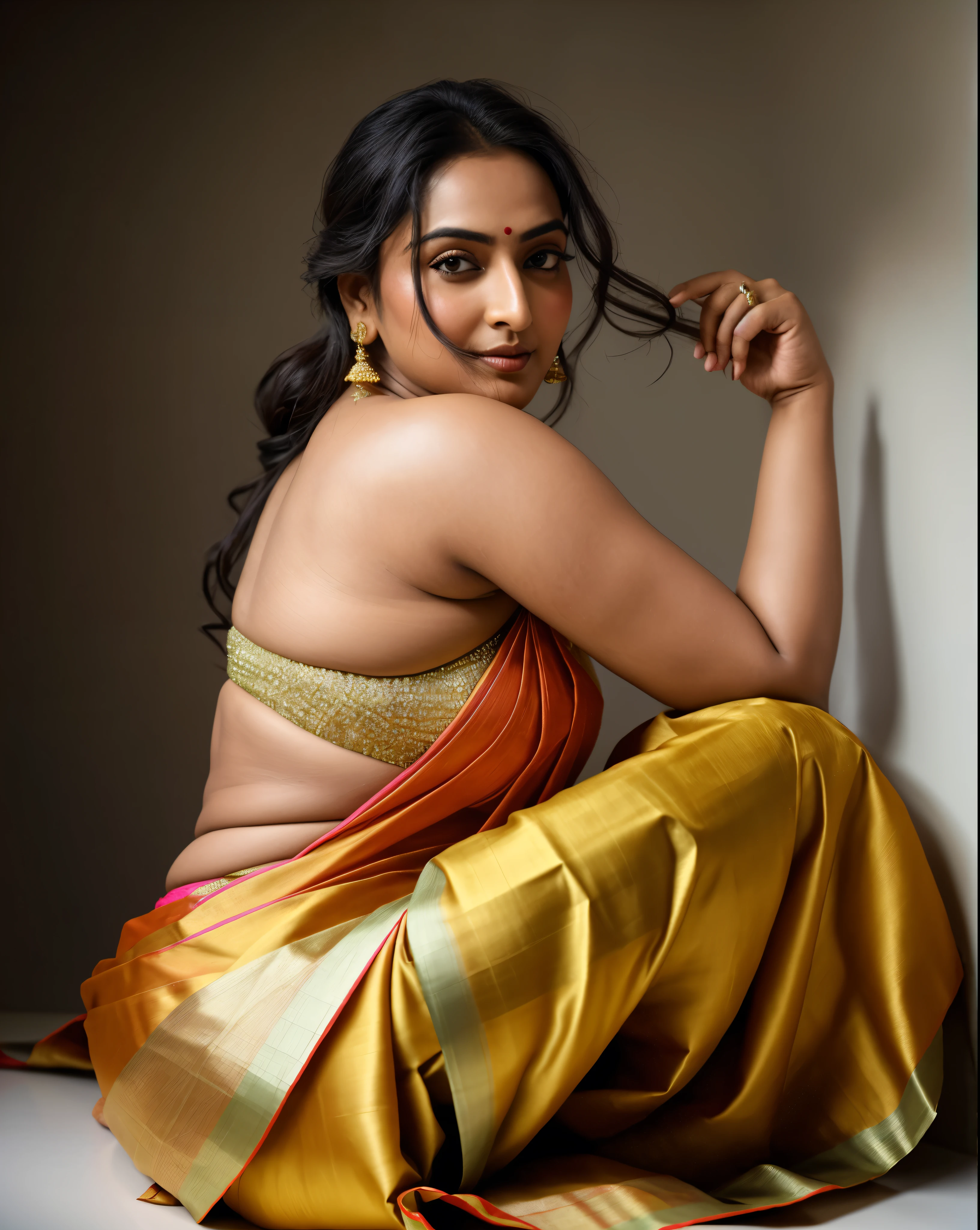 Foto RAW, photorealistic, photography, full body shot, master shot, perfect eyes, goddess like beauty, pierced eyes, perfect thick chubby mallu Desi aunty bhabhi, Wearing a Stanapatta, a chest-band.Saree model, model Photography, Indian saree shoot, Indian traditional wear advertising photography, traditional wear brand shoot, face of Indian actress Sonakshi Sinha, masterpiece, realistic, realism, incredible details, pleasure, photorealism, detailed skin, skin pores, high contrast, photorealistic Artstation 8k HD digital art trend of high definition and detailed realistic skin texture, ultra detail, realistic skin texture, armature, best quality, ultra high definition, (photorealistic:1.4),, high resolution, detail, raw photo, sweat, Re sharp, by Lee Jefferies Nikon D850 Film Stock Photo 4 Kodak Portra 400 Camera F1.6 Lens Rich Color Ultra Real Realistic Realistic Textures Dramatic Lighting Unreal Engine Trending at Art Station Cinestill 800,(pele altamente detalhada: 1.2), 8k UHD, DSLR, soft-lighting, alta qualidade, grain of film, Fujifilm XT3,she didn't like to wear blouse or bra, she is happy to wear only saree, she hates blouse or bra, detailed hairy armpits, hyper realistic skin, skin pores, sweat, veins, The open back looks attractive in a saree without a blouse, appealing figure, appealing body language,