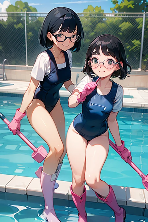Two elementary school girls with black hair, bob hair, freckles and glasses, wearing navy blue school swimsuits and large pink rubber gloves and white rubber boots, are smiling as they clean the school pool.