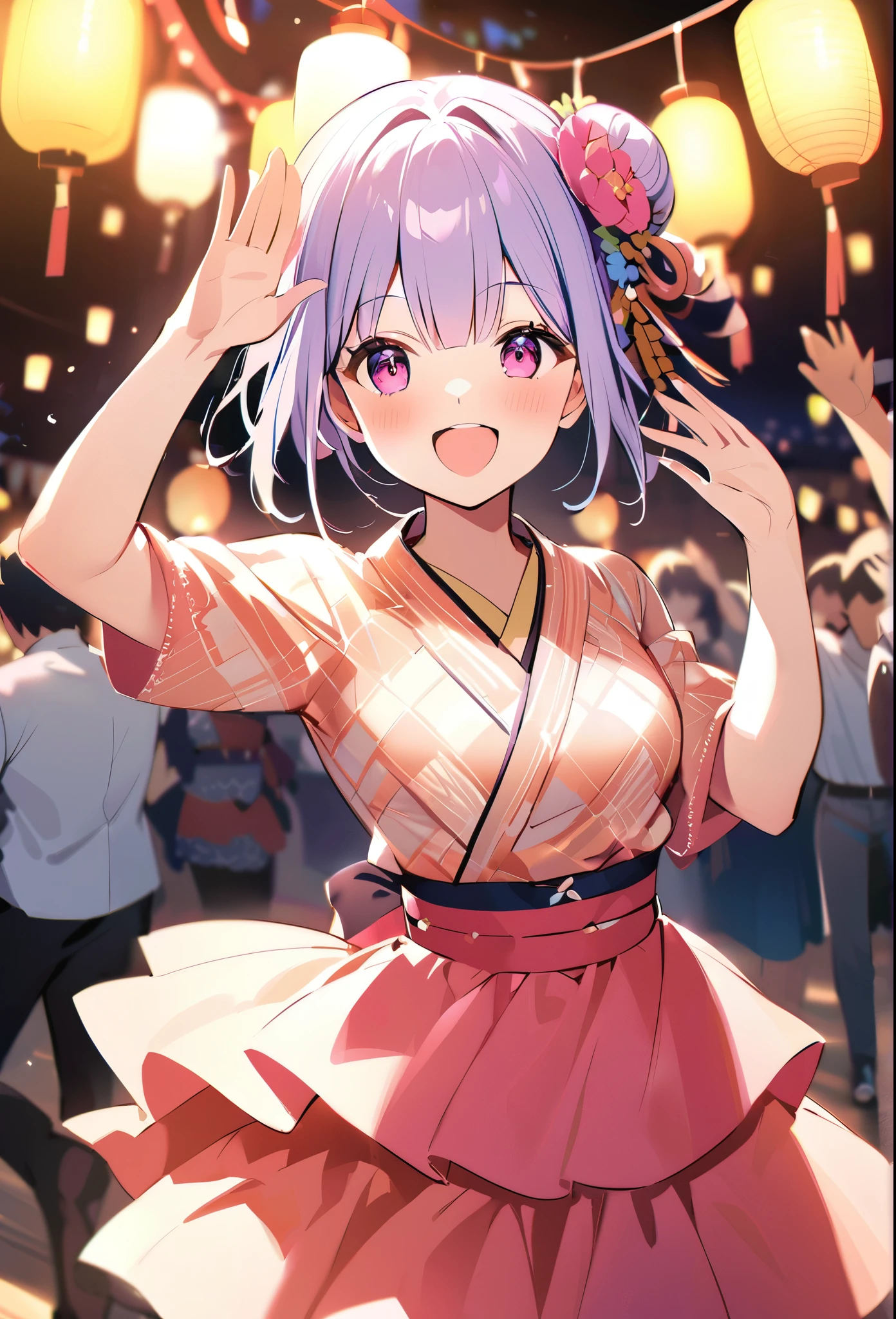 Highest quality、High resolution、Detailed Background、Teenage beauty、Detailed face、cute hair color、Bun Hair、Perfect body line、(Lively girl dancing at Bon Odori venue:1.5)、(Dancing with hands up high:1.5)、night、Festivals、Bon Odori venue、A big smile、Cute patterned yukata、dancing lively、Waving your hands back and forth、Waving your hands left and right、Coordinated hand and foot movements、Traditional Japanese summer festivals、Bon Odori is held at night, so lanterns and other lights are lit up, creating a fantastic atmosphere.、cute