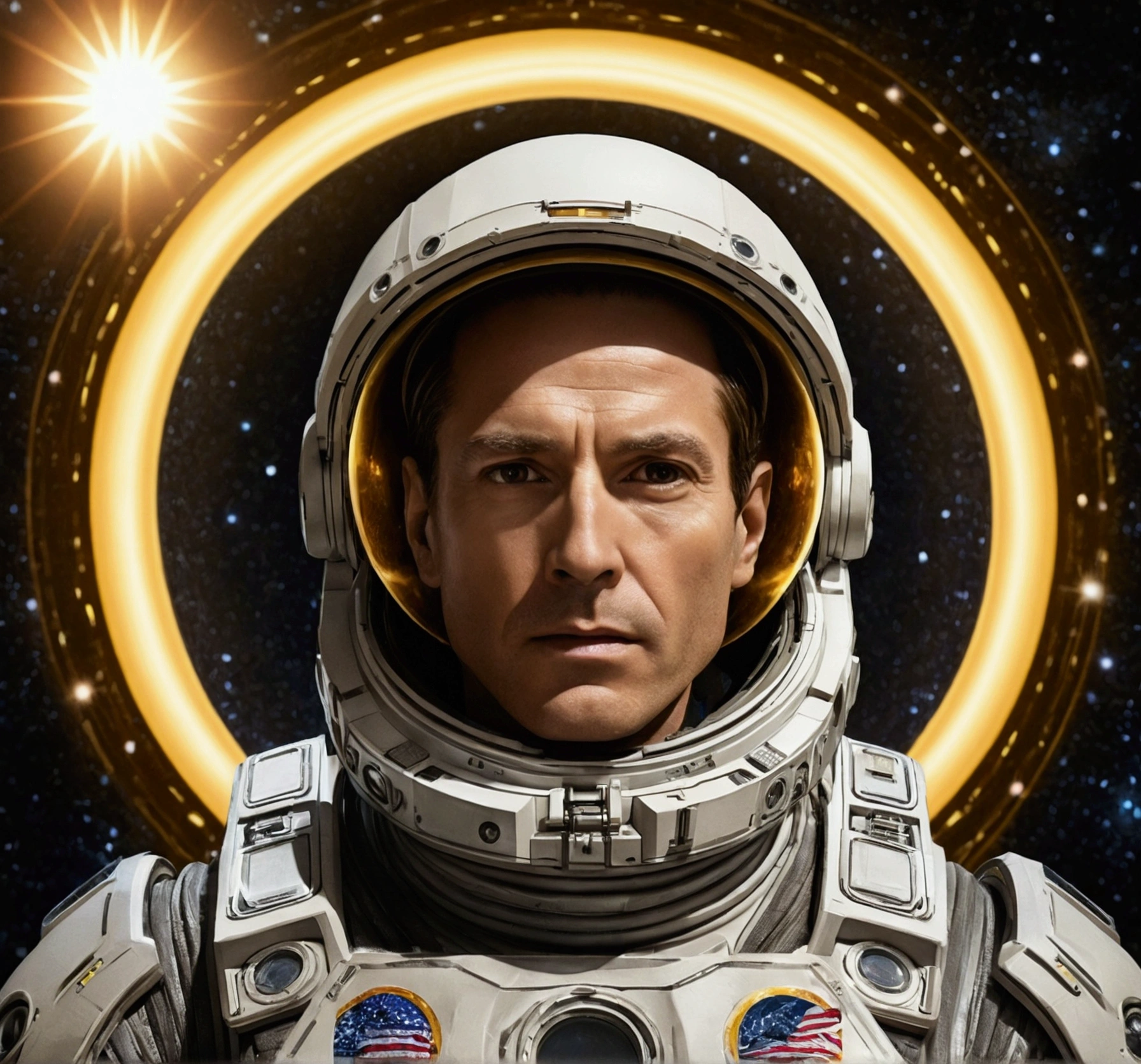 Interstellar,infinite space,a huge space-time tunnel,Golden highly detailed portrait with the halo of the sun god,transparentes,depth of fieldwork-prima)),(best qualityer)),Magnificent space image scene,Surrealism, super detaill, precise, best qualityer, hiper HD, work of art, anatomically correcte, A high resolution, 16K