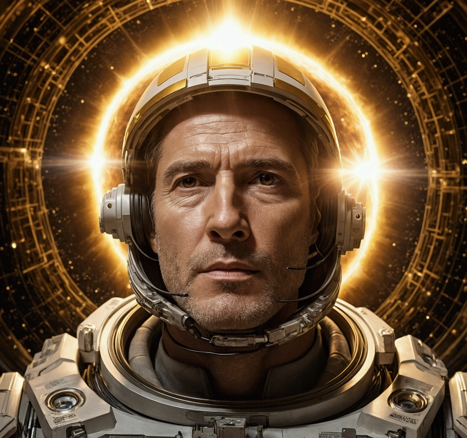 Interstellar,infinite space,a huge space-time tunnel,Golden highly detailed portrait with the halo of the sun god,transparentes,depth of fieldwork-prima)),(best qualityer)),Magnificent space image scene,Surrealism, super detaill, precise, best qualityer, hiper HD, work of art, anatomically correcte, A high resolution, 16K