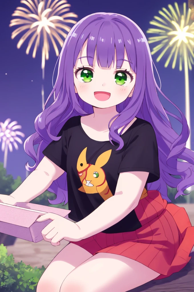(masterpiece), best quality, expressive eyes, perfect face, solo, , 
long hair, wavy hair, blunt bangs, purple hair, green eyes, flat chest, black t-shirt, smile, open mouth, short sleeves, 
forest, night, fireworks,